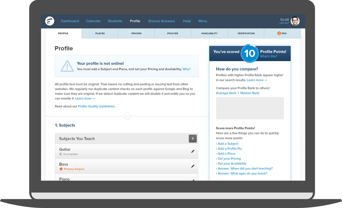 Account Profile Page - Top